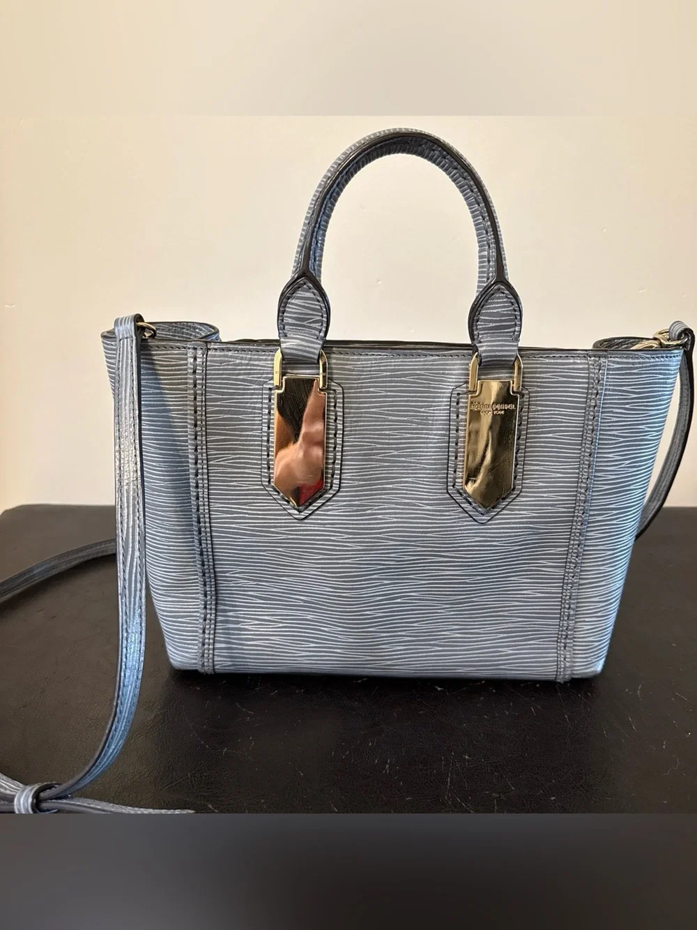 Henri Bendel A List Mini Light Blue Textured Leather Satchel with Gold Hardware